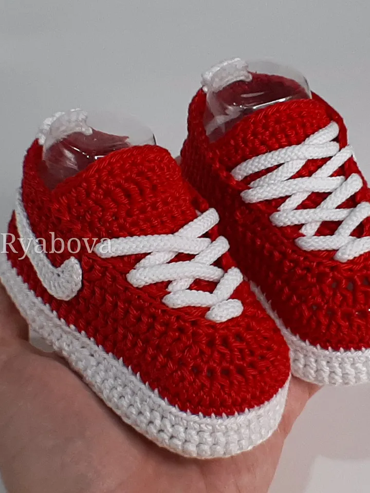 Red Baby girl booties sneakers, crochet newborn shoes first christmas ornament, baby girl clothes, postpartum gift