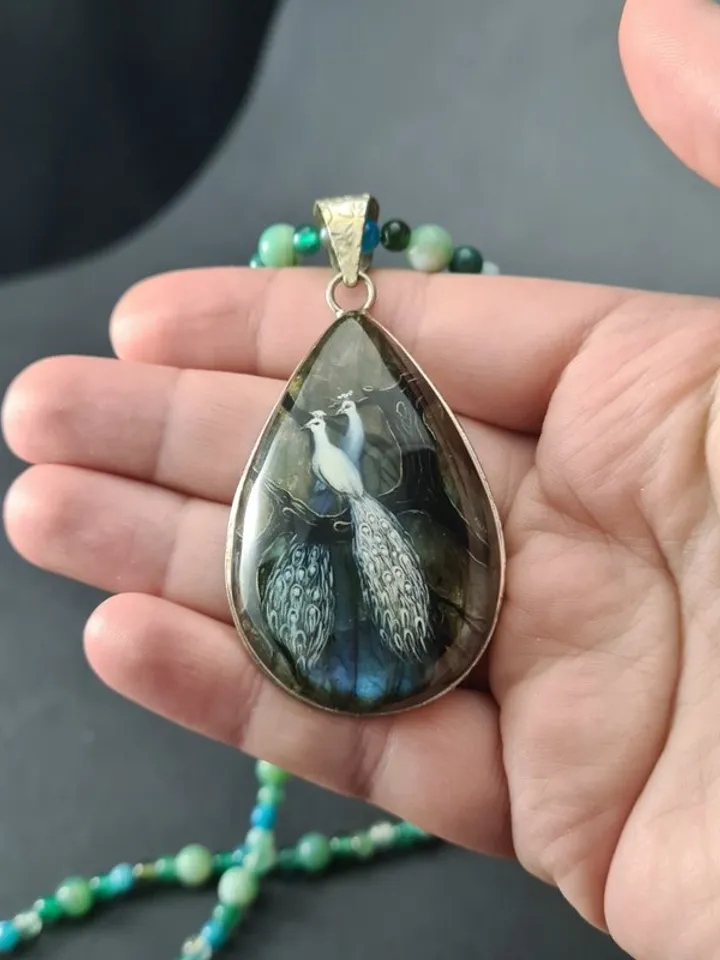 White peacock on labradorite gemstone pendant Miniature painting Necklace