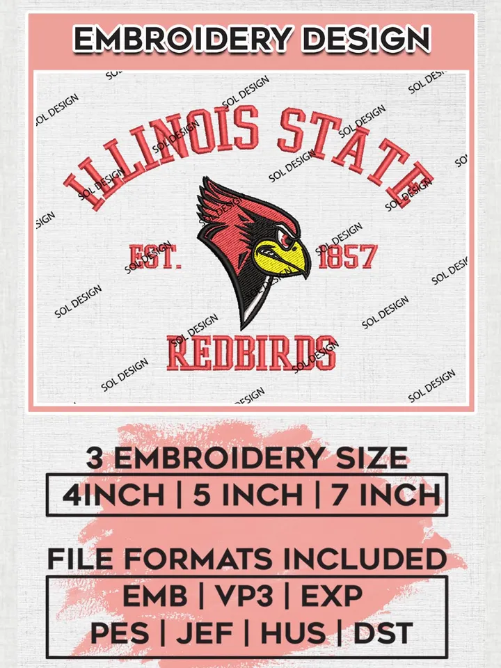 Illinois State Redbirds Est 1857 Logo Embroidery Designs, NCAA Illinois State Redbirds Team Embroidery, NCAA Team Logo, 3 sizes, Machine embroidery Files, Digital Download