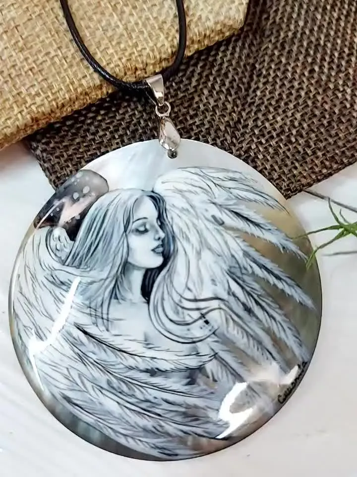 Pearl pendant Necklace: Innocent angel on round mother of pearl pendant, religious hand painted medalion, handmade jewelry with angel winds