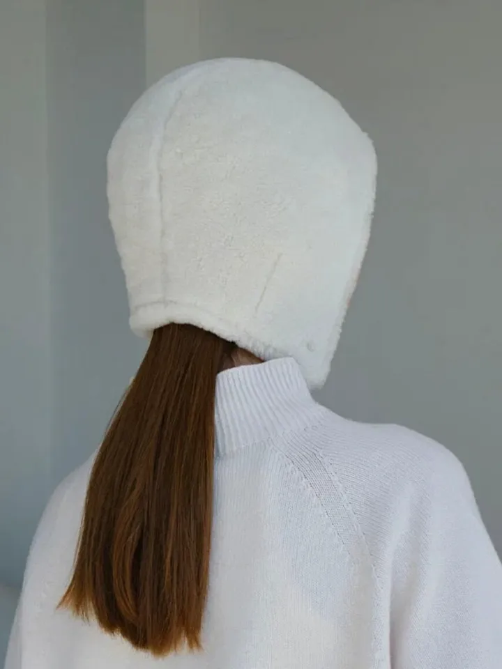 Genuine shearling fur women cream white bonnet / real soft lamb fur winter women hat / designer sheep fur aviator trendy bonnet