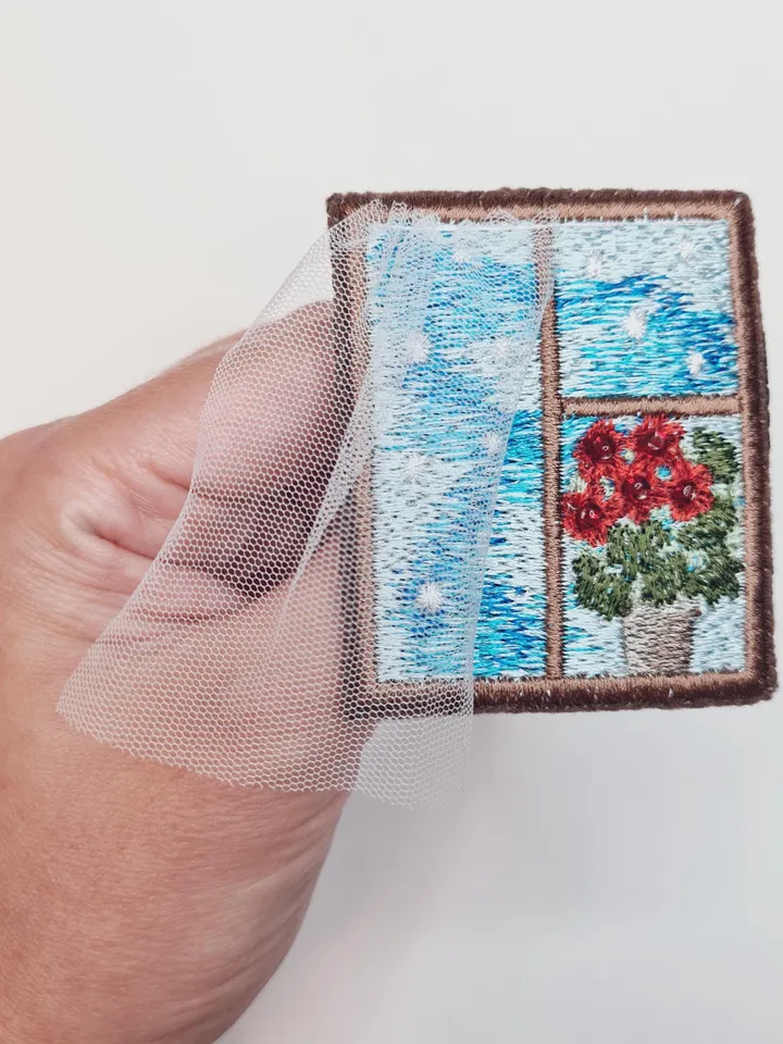 Machine embroidery design for art therapy: Brooch "Window with a flower"