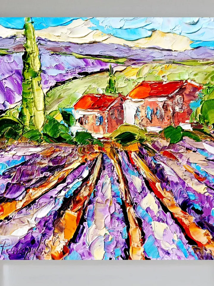 Provence Painting Lavender Fields Impasto Original Art Christmas Gifts  Provence Countryside Wall Art Decor 8x8 by ArtProkopaloSv