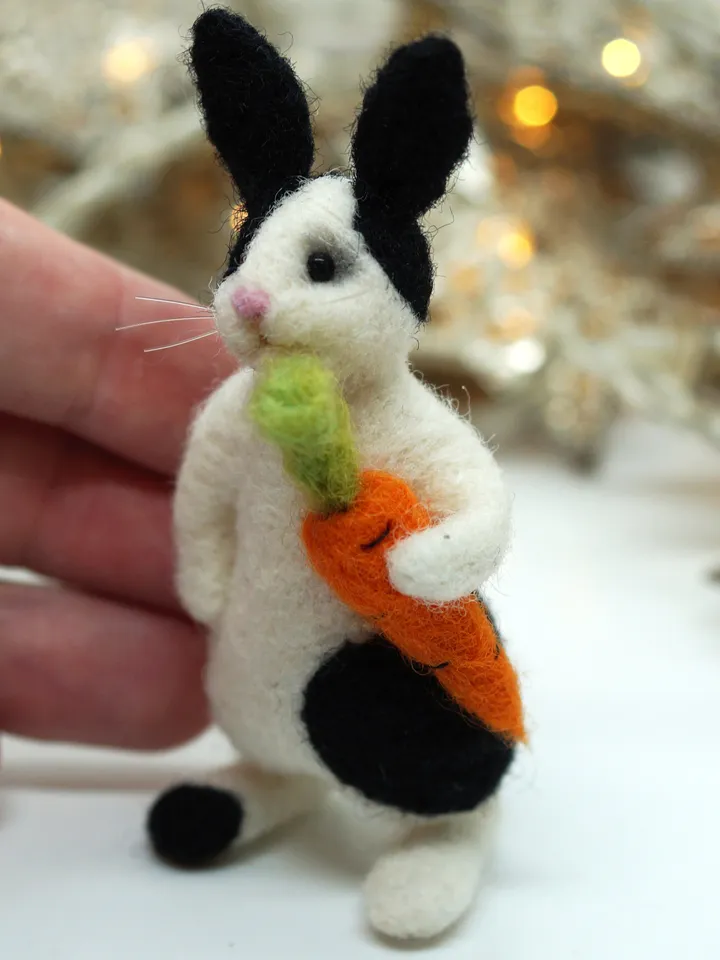 Bruno the rabbit, miniature needle felted black and white rabbit with a carrot, made to order