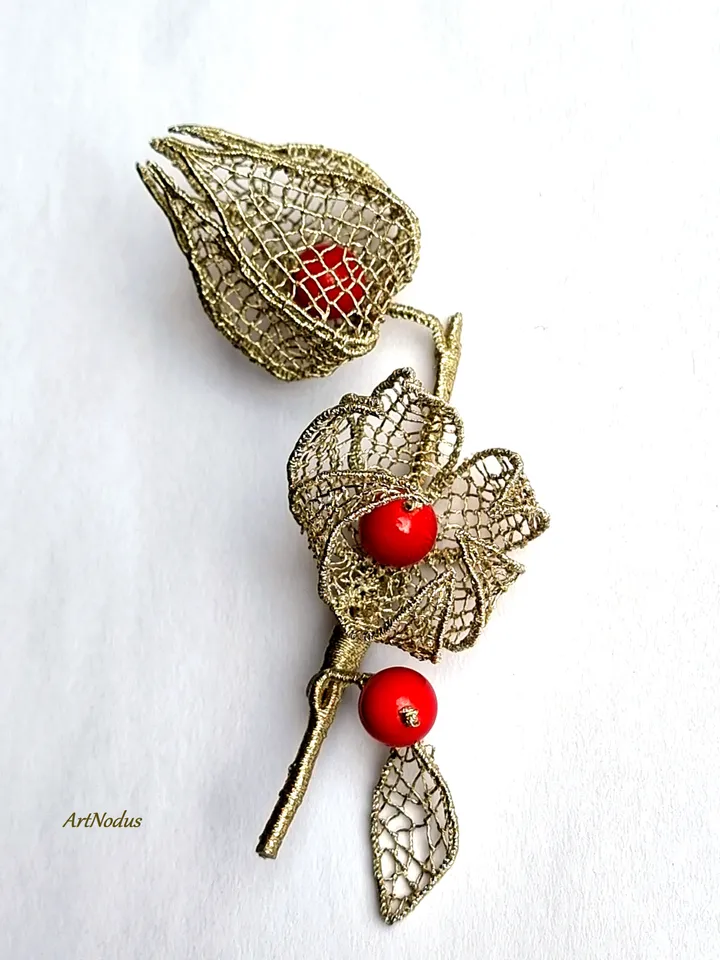 Golden Lace Physalis Brooch