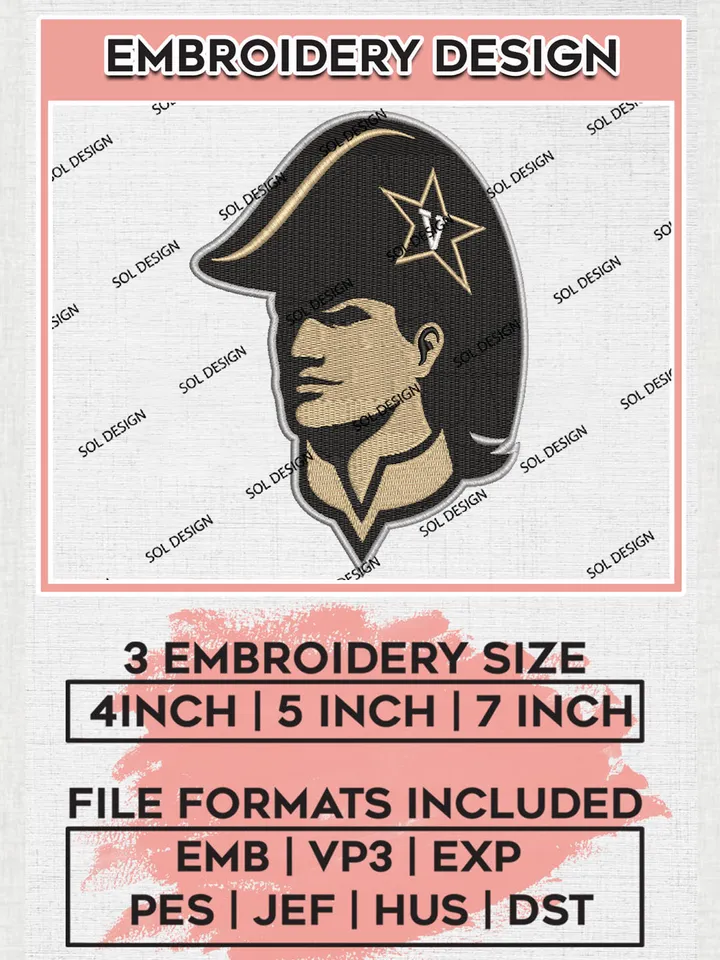 Vanderbilt Commodores Team Head Mascot Logo Embroidery Design Files, NCAA Vanderbilt Commodores Machine Embroidery, NCAA Teams, 3 sizes, NCAA Machine embroidery designs, Digital Download
