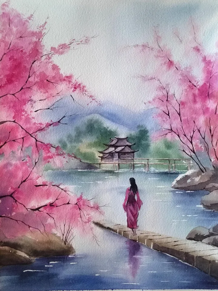 Cherry Blossoms Painting Sakura Landscape Artwork Original Watercolor Art 10.62x15.35 in by SoftWaves