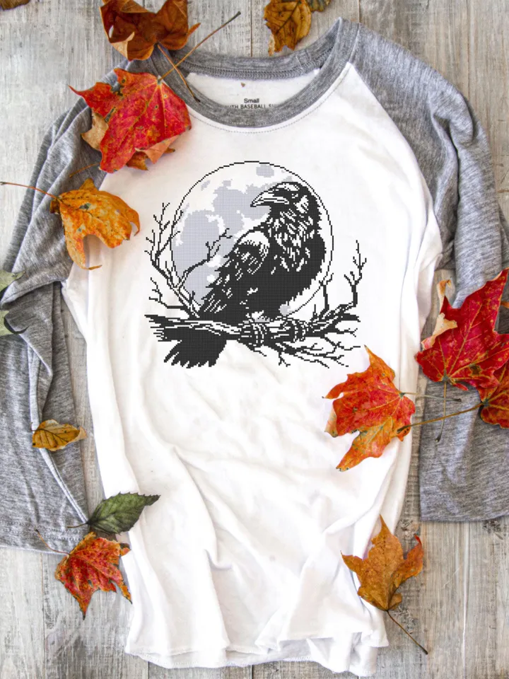Raven cross stitch pattern PDF download Woodcut crow cross stitch chart, Gothic pattern digital PDF, Full moon, Halloween pattern #L88