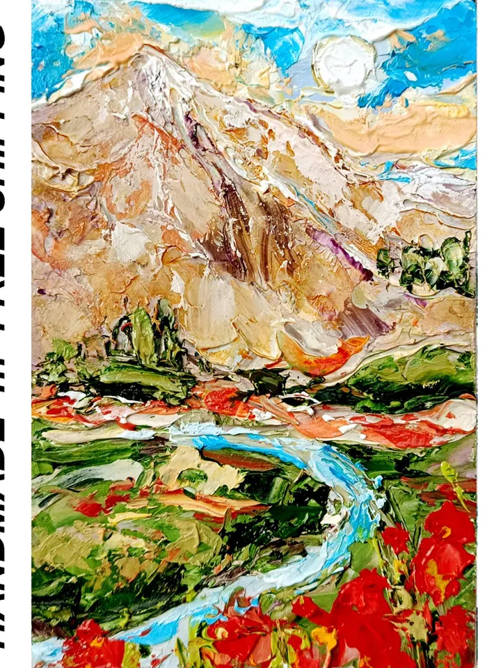 Rocky Mountains Painting Colorado Original Art Impasto Oil Painting Pine Trees Painting Poppy Small Wall Art  6 by 4 by Art ProkopaloSv