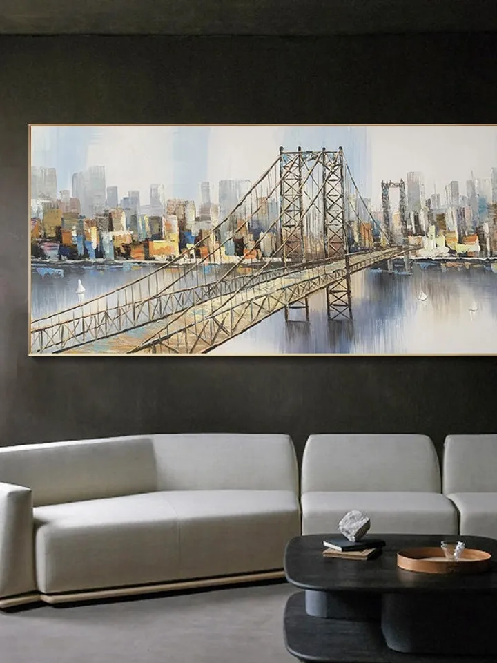 Abstract New York City Oil Painting on Canvas, Large Original Brooklyn Bridge Skyline Urban Cityscape Painting Living Room Wall Art Decor