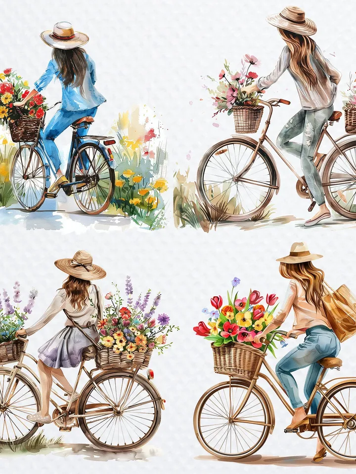 12 PNG Woman on Bicycle Clipart Bundle, Printable Watercolor Floral Bicycle images for sublimation, Digital Paper craft, junk journals