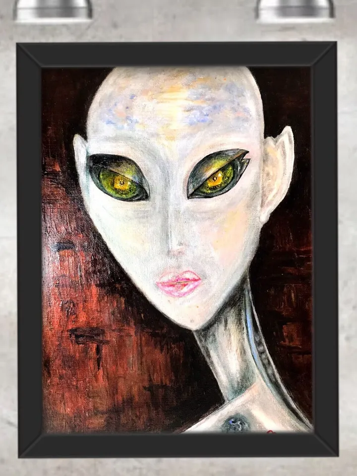 Alien painting on canvas,Alien portrait acrylic mix media painting.