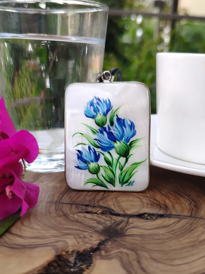 Pearl pendant necklace: Bright blue cornflowers on handmade lacquer necklace • trendy jewelry for blue summer dress • hand painted blossom