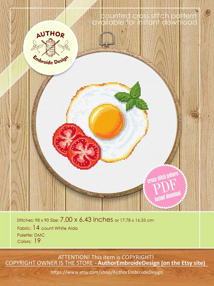 Fried egg cross stitch pattern PDF download Set of 3 Breakfast cross stitch, Egg pattern digital PDF, Fried egg with bacon and tomatoes #F24