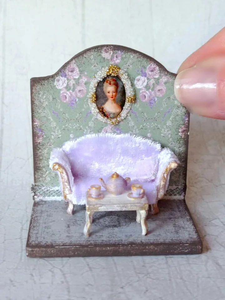 Miniature Tea Room Roombox, A 1/48 scale miniature Dollhouse with furniture, accessories and tea set