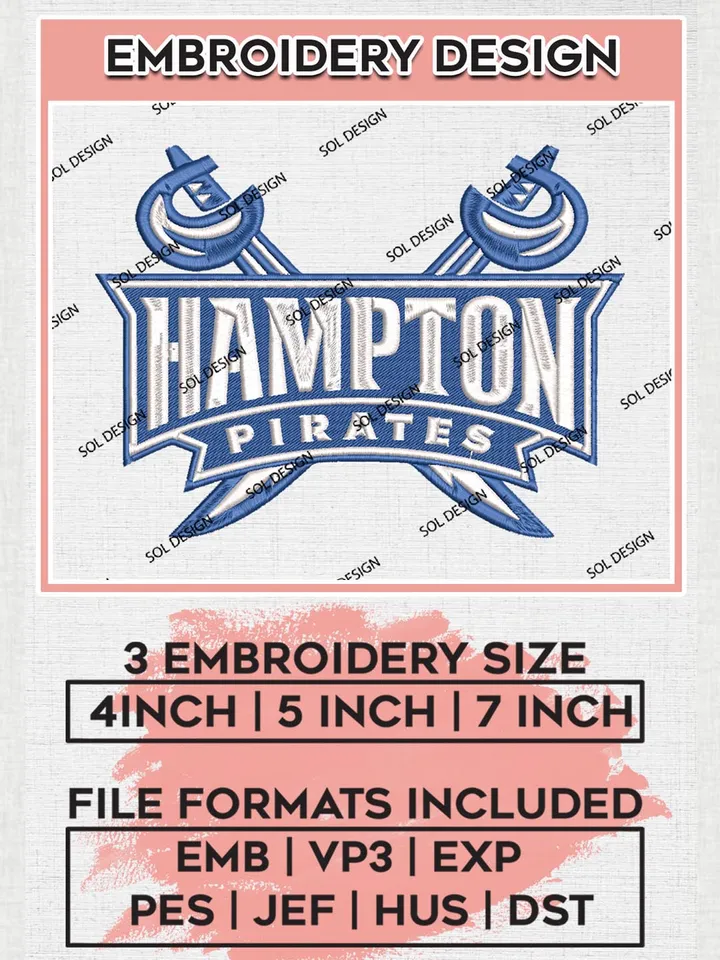 NCAA Hampton Pirates Team Logo Machine Embroidery Design, NCAA Hampton Pirates Team Design Design files, NCAA Team Embroidery Designs, NCAA Machine Embroidery Designs, Digital Download