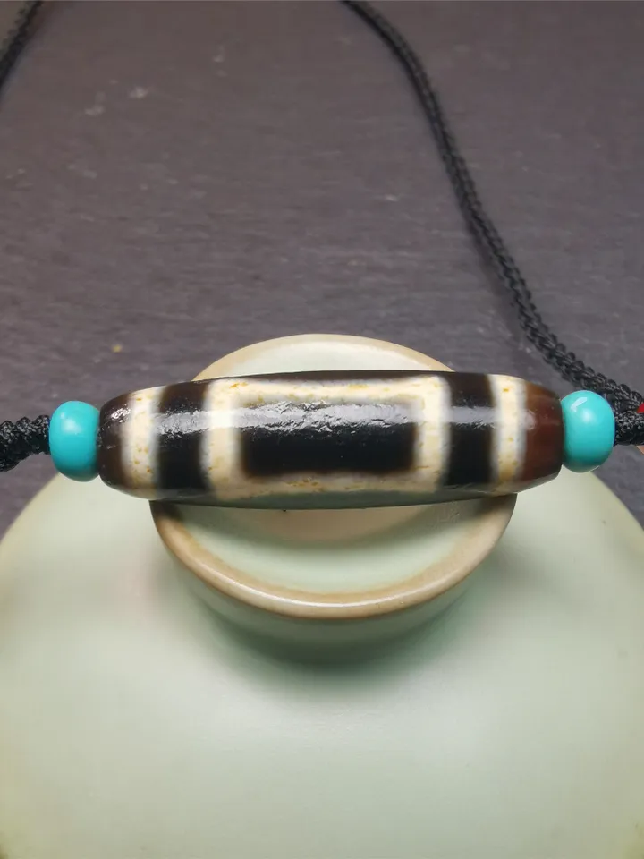 Gandhanra Antique Tibetan Sky & Earth Dzi Bead Necklace,1.38" x 0.4",30 Years Old