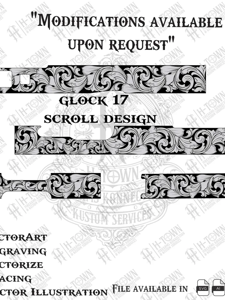 Glock 17 Engraving Scroll Vector | Ornamental Grip Design | Full Slide Svg Png AI EPS | Custom Laser Template