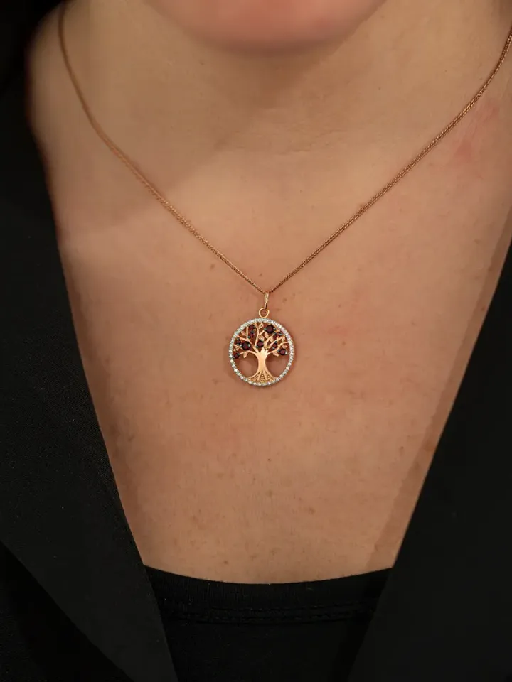 Pendant silver 925 on the neck, gold plated 585, tree of life, with garnet