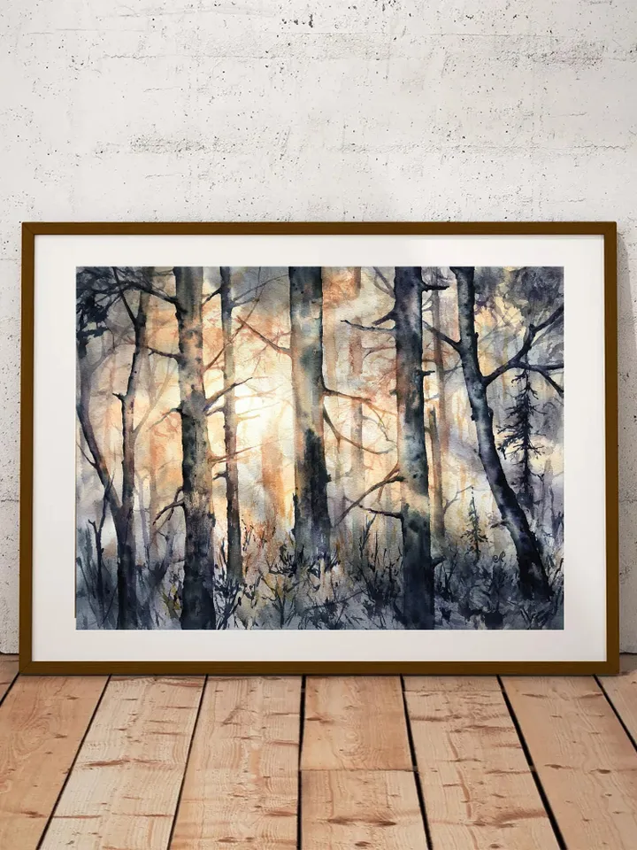 Forest Original Painting Watercolor Sunset Painting Trees Landscape Wall art