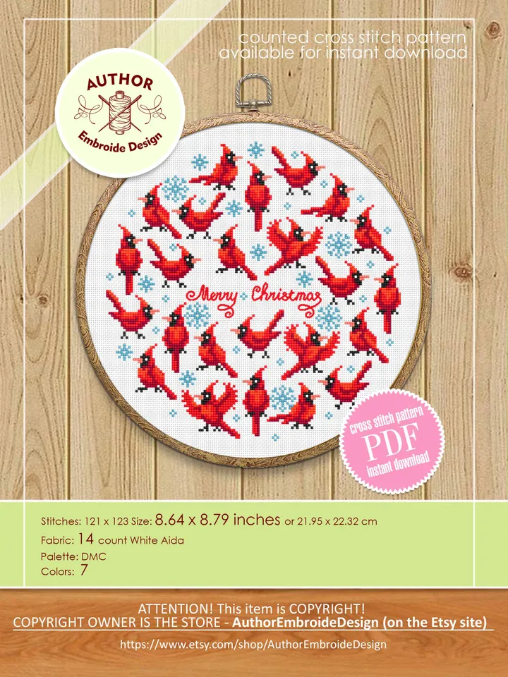 Christmas cardinal cross stitch pattern PDF download Red bird cross stitch chart, Merry Christmas pattern digital PDF, Cardinal decor #N164