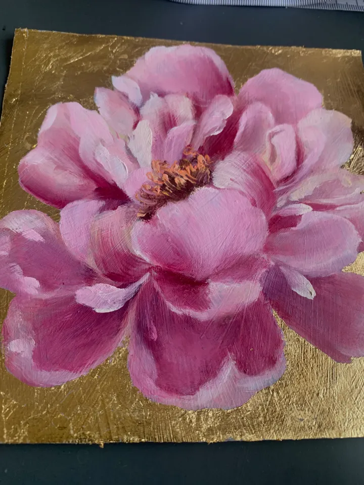 peony on gold leaf original art oil painting on gold