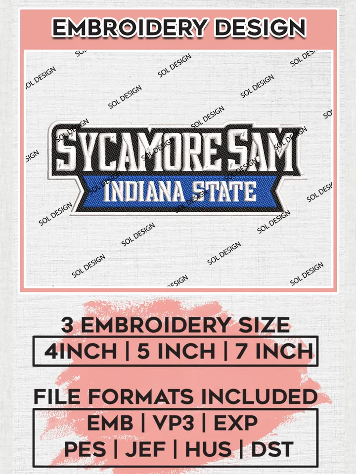 Indiana State Sycamo Sam Team Word Logo embroidery designs, NCAA Indiana State Sycamores Logo Machine embroidery files, NCAA Team Logo embroidery designs, NCAA Game Day Machine embroidery designs, Digital Download