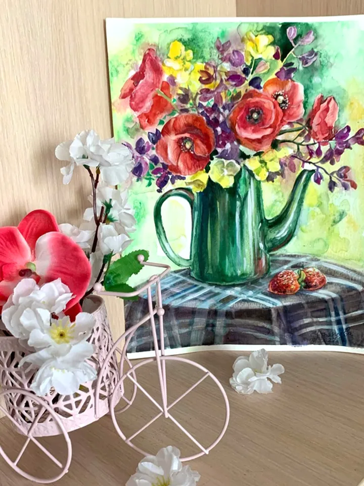 Summer bouquet with poppies, watercolor painting