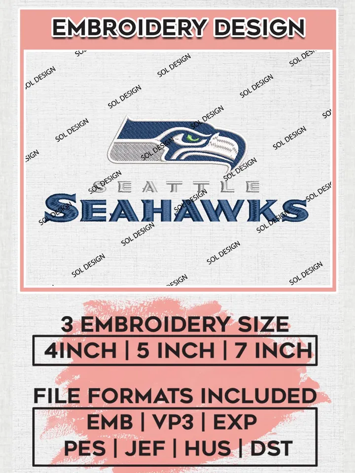 Seattle Seahawks Embroidery Design Files, NFL Seahawks Embroidery Designs, NFL Embroidery Designs, NFL Seattle Seahawks Machine Embroidery Design, Digital Download