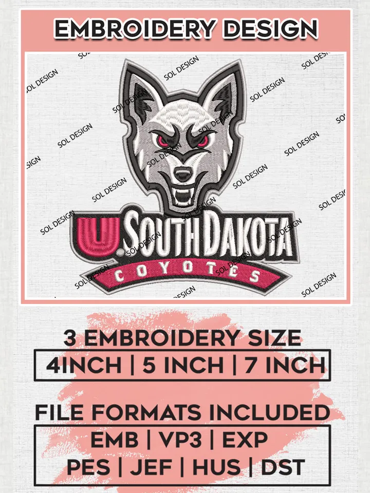 South Dakota Coyotes Team Logo Embroidery Design Files, NCAA South Dakota Coyotes Machine Embroidery, NCAA Teams, Game Day, 3 sizes, NCAA Machine embroidery designs, Digital Download