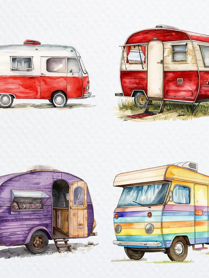 18 Cartoon Trailer PNG Bundle, Camping Trailer Printable Watercolor clipart for sublimation, High Quality PNGs, digital crafting, journaling