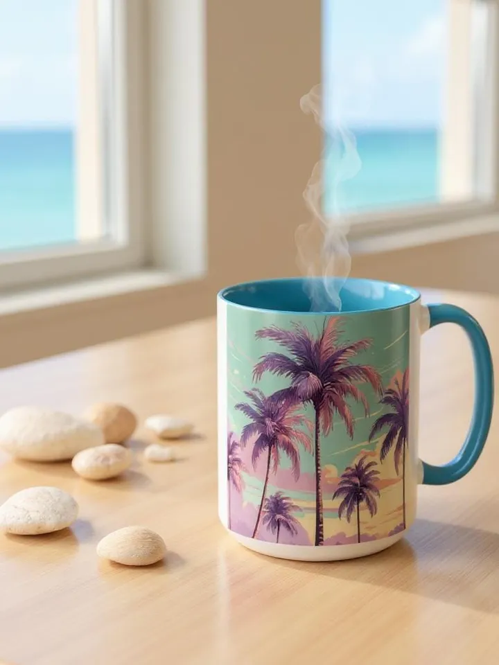 Retro Palm Tree Sunset Mug with 70s Aesthetic Coastal Vibes, Summer Pastel Boho Coffee Cup, Beach Lover Gift Idea, Home Decor, Gift For Her