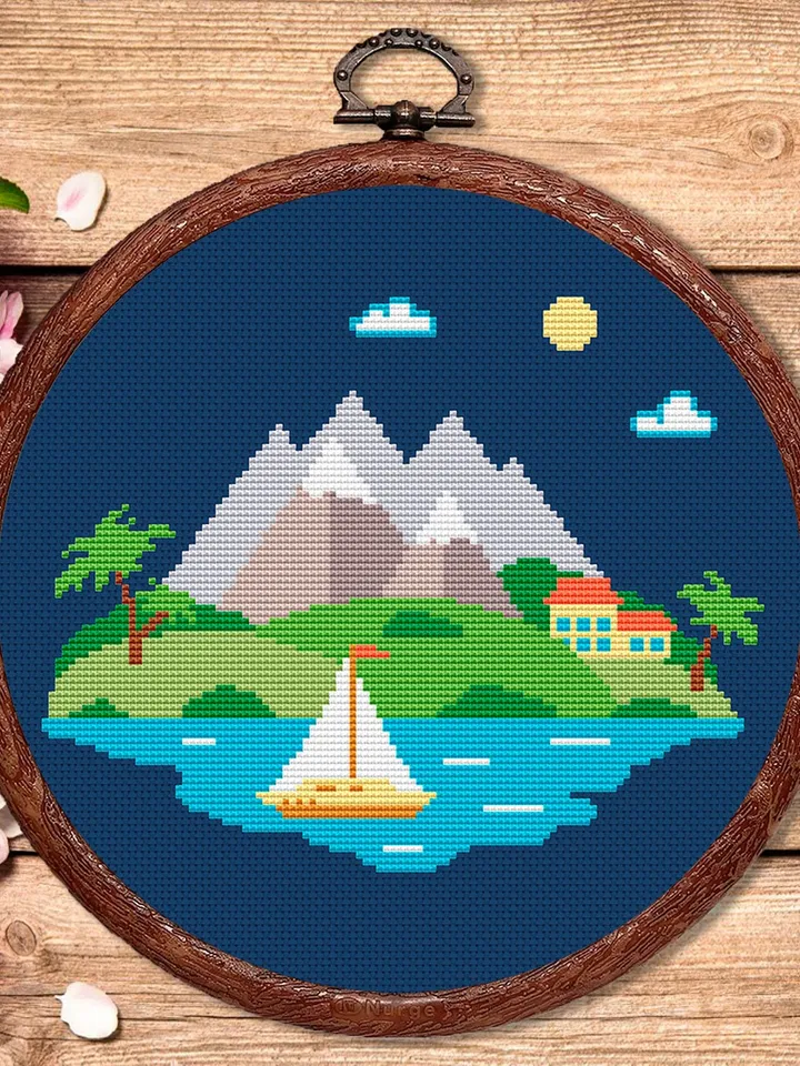 Mountain Landscape Cross Stitch Pattern, Island Cross Stitch, Embroidery Travel, Travel Cross Stitch Pattern, Modern Cross Stitch #trl007