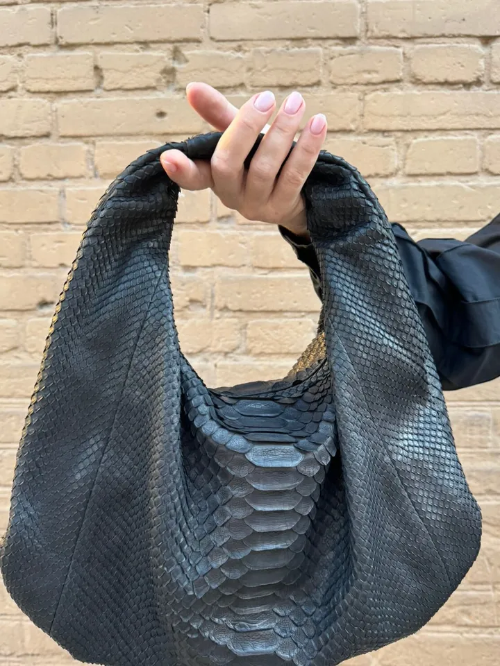 Small Soft Hobo Classy Sport Woman Bag | Purse Genuine Python Skin | Reptile Skin Products | Black Elegant Leather Designer Soft Bag Snake