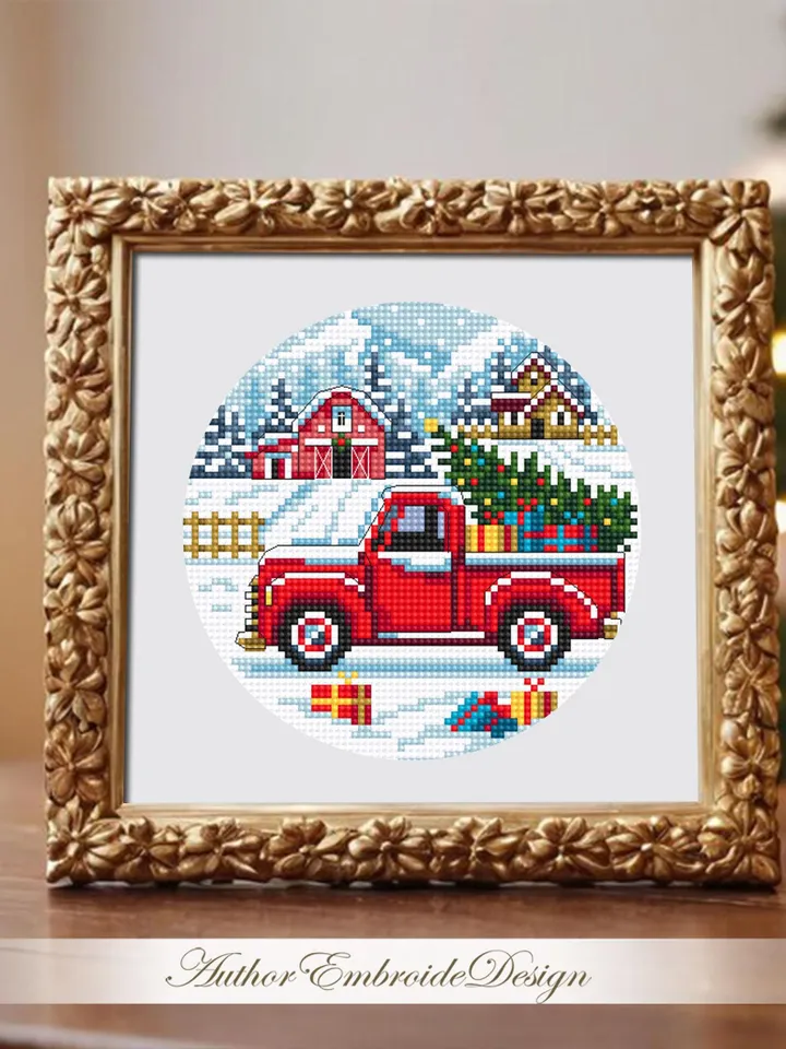 Red truck christmas cross stitch pattern PDF download Winter landscape cross stitch, Christmas pattern digital PDF Christmas farm barn #N177