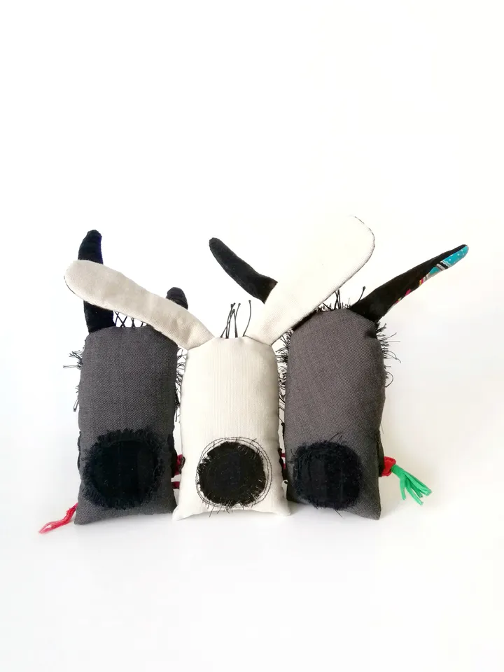 Handmade Quirky and Unique Fabric Art Doll Bunnies: One-of-a-Kind Fun Delightful Interior Decor Toys with a Spooky Twist. FREE SHIPPING!