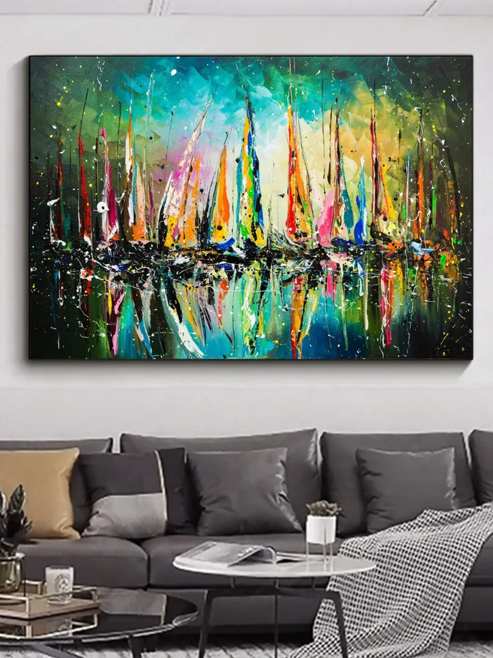 Original Painting On Canvas, Abstract Colorful Sailboat Oil Painting, Seascape Painting, Large Wall Art,Living Room Wall Decor,Wall Hangings
