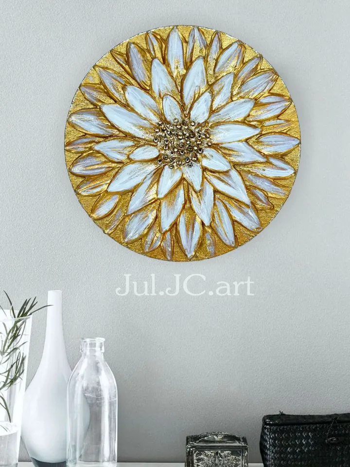 Golden Daisy art Floral Abstract Original Painting Textured artwork on a round canvas | Gold Flower wall art with gold crystals