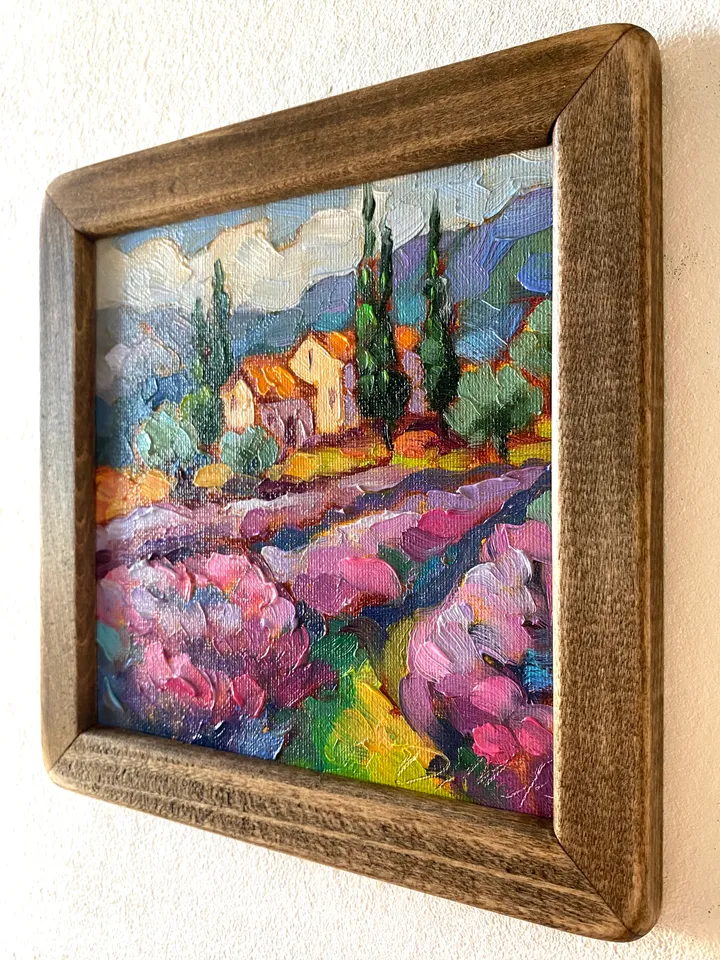 Lavender Fields Painting Tuscany Original Art Landscape Oil Painting Impasto Small Artwork 6x6 Tuscan Serenity Painting Wild Flowers
