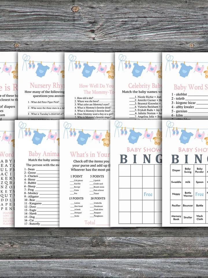 Clothesline baby shower games bundle,Clothesline Baby Shower games package,Fun Baby Shower Games,9 Printable Games-341