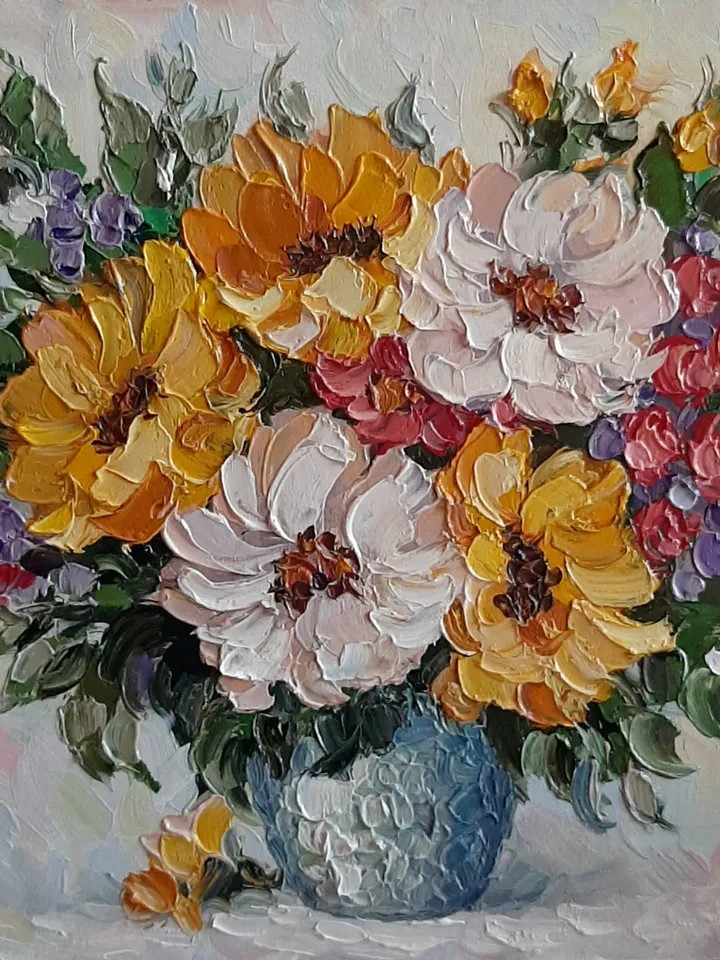 Small Flower oil painting Original art Textured Vaze wall art Yellow flowers painting