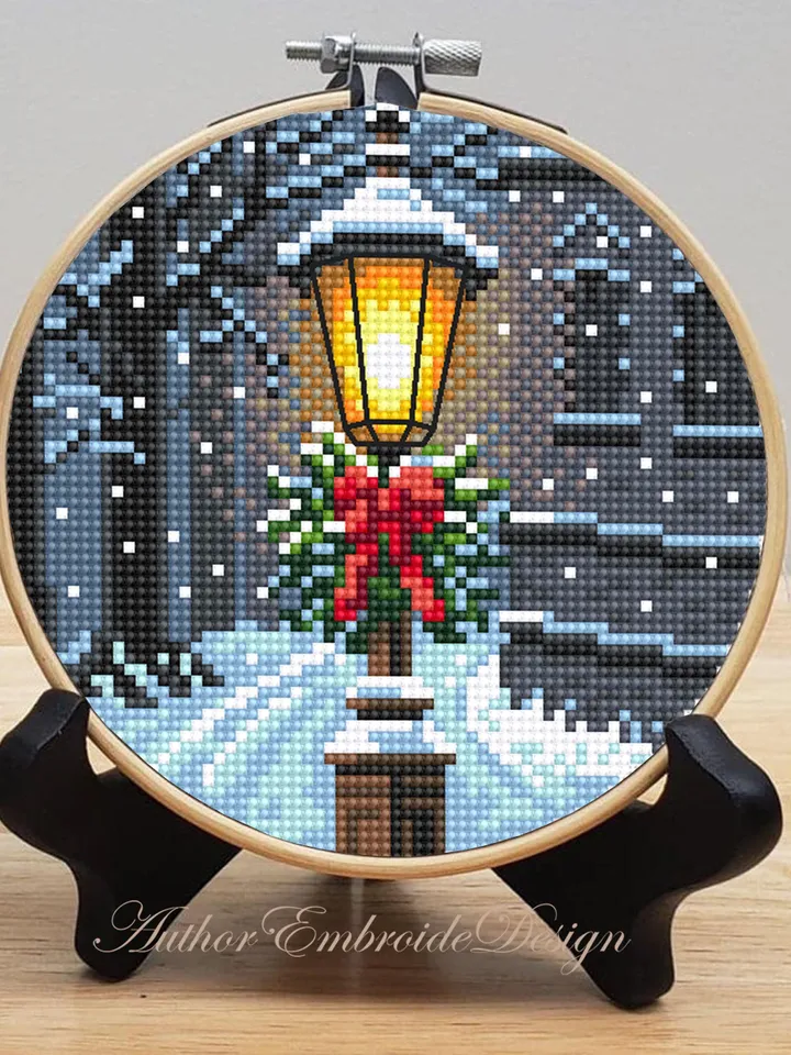 Christmas lamp post cross stitch pattern PDF download Winter landscape cross stitch chart, Christmas pattern digital PDF, Snow pattern #N176
