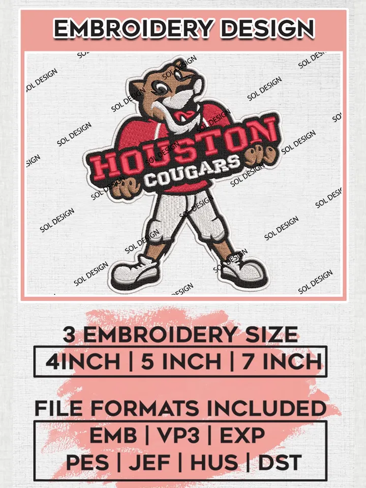 NCAA Houston Cougars Team Funny Logo Embroidery Design Files, NCAA Houston Cougars Machine Embroidery, NCAA Teams, 3 sizes, NCAA Machine embroidery designs, Digital Download