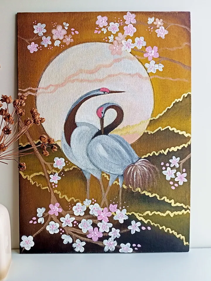 Couple crane acrylic UNFRAMED painting*Pair birds*Moonlight painting*Flowering abstract painting*Blooming branch art*Cherry blossom abstract