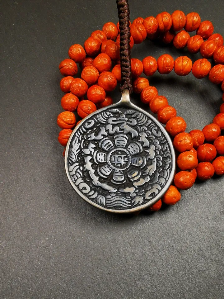 Gandhanra Vintage Tibetan Buddhist Calendar Badge,Melong Mirror, SIPAHO Amulet,made of Lima Brass, 1.77"