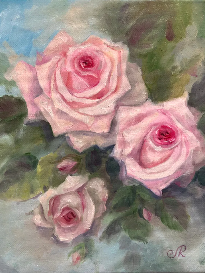 Pink Roses Painting Flowers Oil Wall Art Shabby Chic Painting