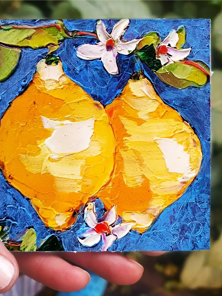 Lemon Painting Fruit Original Art Impasto Oil Painting Italy Fruit Small Artwork 4 by 4 Handmade Gift by Art ProkopaloSv