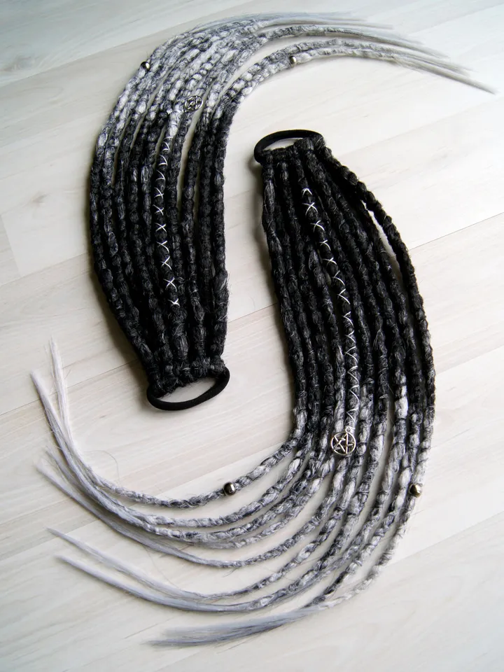 Dreads on hair tie Ponytail Black to Gray Synthetic Dreadlock Extensions Witch Goth hair Locks on elastic band