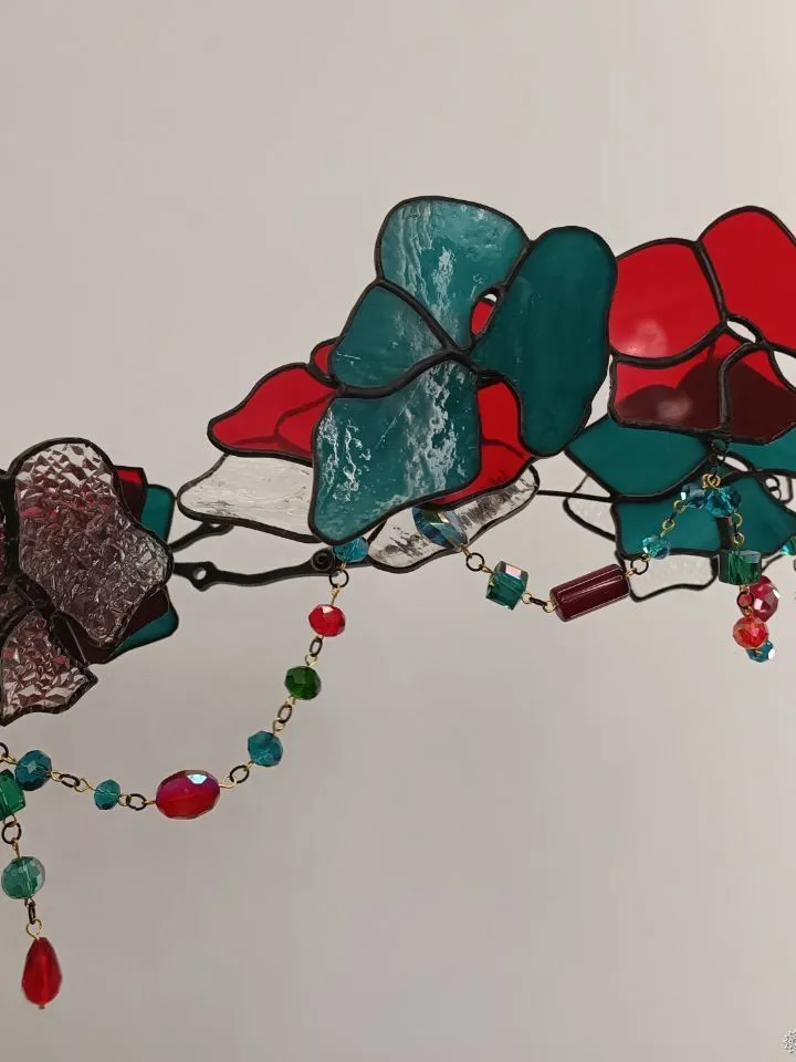 3D Tricolor Stained Glass Branch, 3D Tricolor Branch, 3D Stained Glass Branch, Tricolor Stained Glass Twig, Artistic Glass Floral Branch, Three-Tone Glass Flower Stem, Handmade 3D Glass Composition