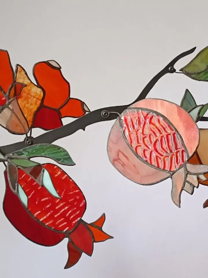 Pomegranates. Stained Glass Composition in Tiffany Technique, Tiffany Technique Stained Glass Composition, Tiffany-Style Stained Glass Artwork, Stained Glass Creation in Tiffany Style, Tiffany Technique Stained Glass Design, Stained Glass Art